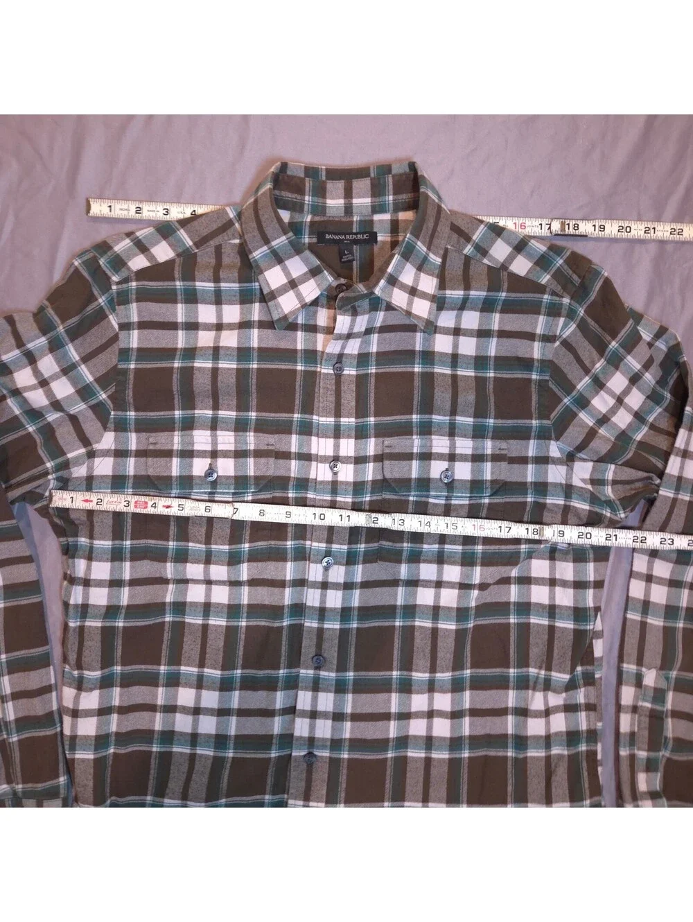 Banana Republic Men's Large Brown Green Plaid Flannel Button Shirt